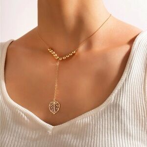 Gold Leaf Pendant Lariat Necklace